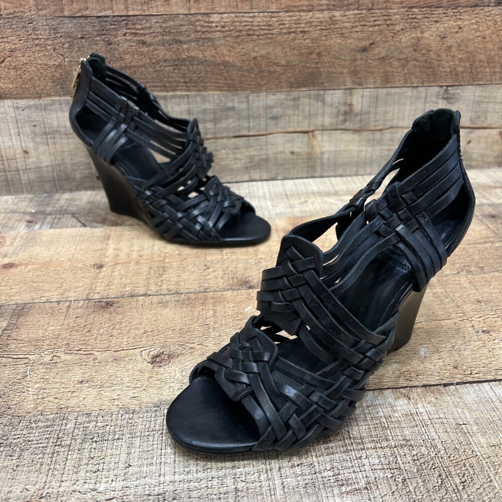 Tory Burch Womens Black Leather Woven Rear Zip Wedge Heels Size 8.5 M
